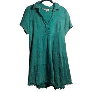 Umgee Women's Green Gauze Cotton Lagenlook Babydoll Dress Sz L